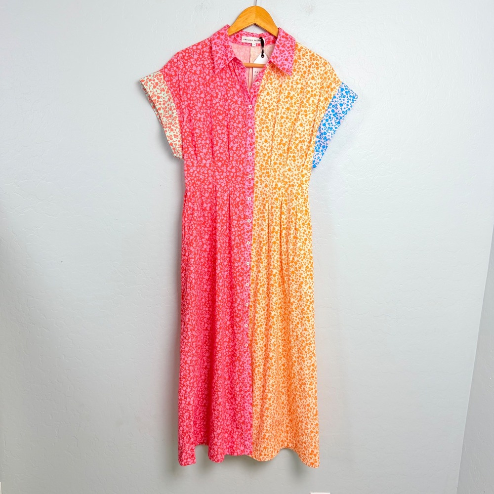 English Factory Floral Colorblock Midi Shirt Dress Pink Orange Small NWT